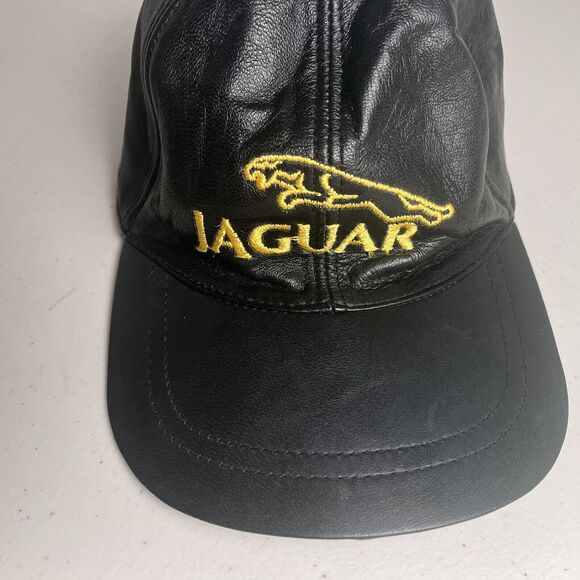 Jaguar Hat Baseball Cap Leather Adjustable Black Embroidered Yellow Logo Clean - Picture 4 of 12